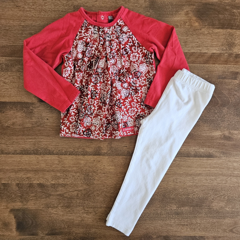 5/$25 Catimini x Baby Gap Girls Outfit Red Floral Top White Leggings Size 2T